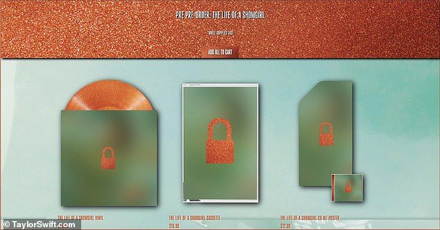 Once Swift's website was back online, it had transformed into a 'pre pre-order' store for the upcoming album. She was selling $30 orange-and-gold-glitter vinyl records, $13 CD-and-poster combos and $20 cassettes for retro-minded fans