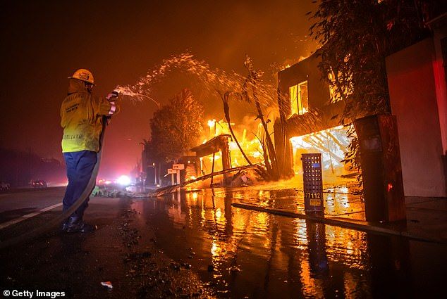 The total economic loss from the fires is estimated to be $250 billion; A firefighter pictured battling the Palisades Fire
