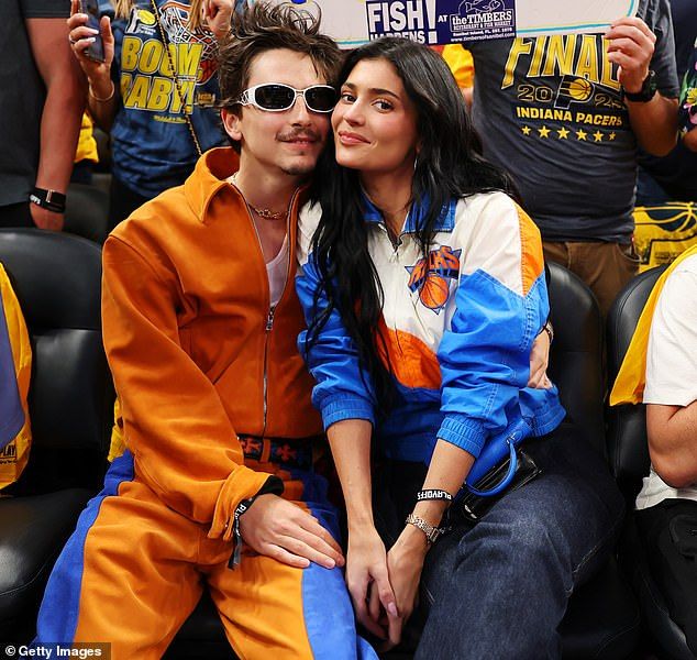 Kylie and Timothee are pictured in May watching his beloved New York Knicks play the Indiana Pacers at Gainbridge Fieldhouse in Indianapolis