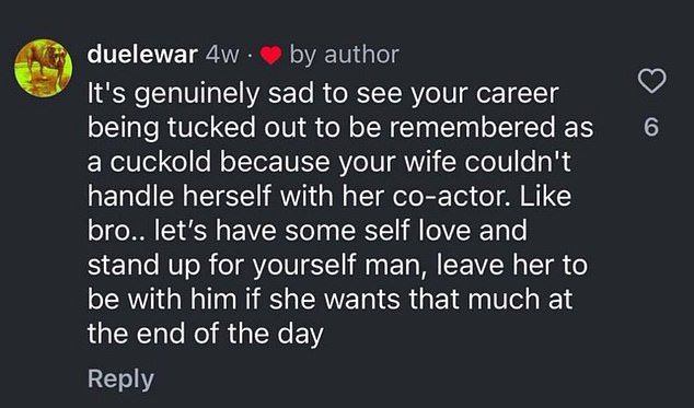 The bizarre social media exchange came when a fan urged Ralph, 39, to 'stand up' for himself and leave his spouse, 35, if her connection with Corenswet had extended beyond acting