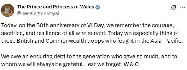 William and Kate, both 43, this morning praised the 'courage, sacrifice, and resilience' of those who fought in the Pacific and Far East