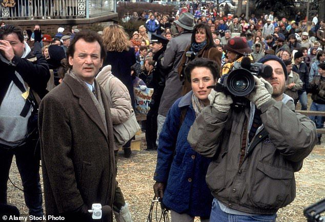During their conversation, she recalled Murray explaining that he and MacDowell had a hard time working together on set; pictured in 1993 Groundhog Day movie still