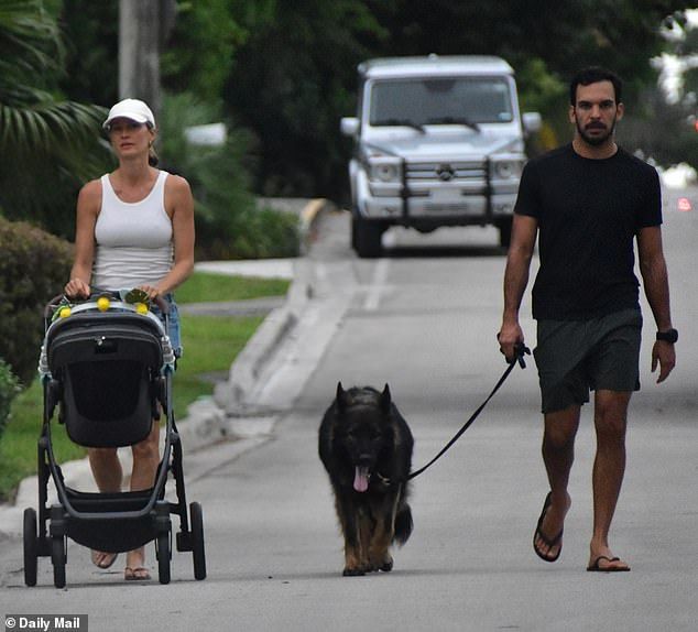 Recent parents GiseleBndchen and boyfriend Joaquim Valente were seen going on a nice family walk around their Florida neighborhood with their six-month-old son and dog