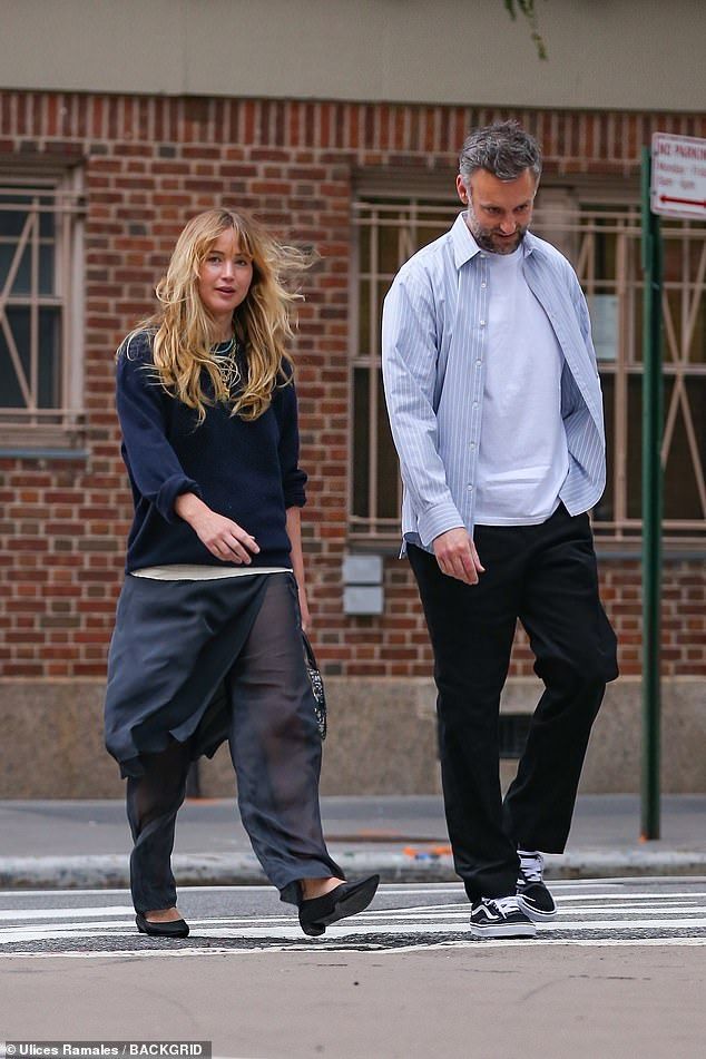 Jennifer Lawrence, 35, put on a casually stylish display as she enjoyed a date night with her husband Cooke Maroney, 41, in New York on Thursday