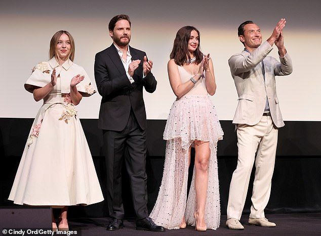 Sydney pictured who her co-stars Daniel Bruehl, Ana, and Jude at the 2024 Toronto International Film Festival