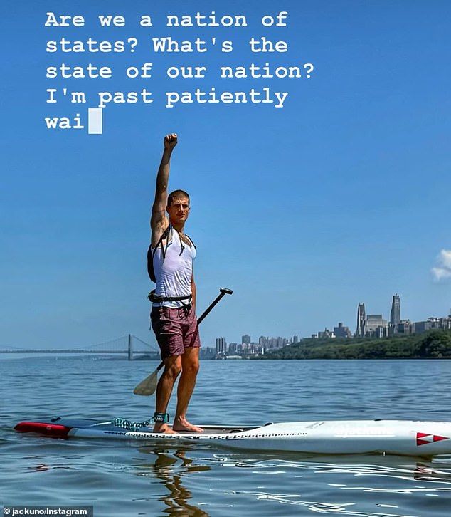 Jack Schlossberg posted a photo of himself paddle boarding to his Instagram page on August 12, 2025 captioned: 'Lady Liberty'