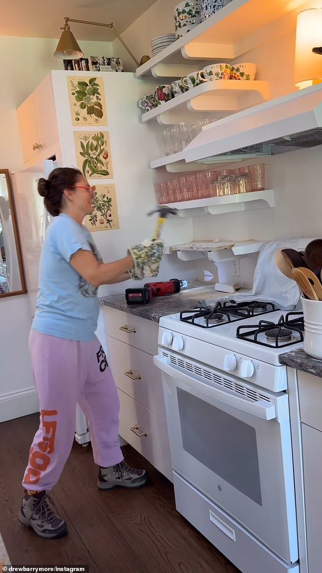 She destroyed a shelf using a hammer and drill, yet neglected to clear away a neighboring display of glasses