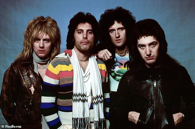 Freddie with his Queen bandmates Roger Taylor, Brian May and John Deacon
