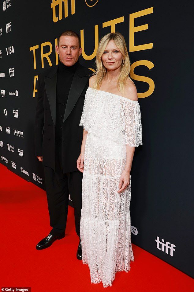 The actress appeared in good spirits as she posed beside her Roofman co-star Channing, who looked smart in an all-black suit