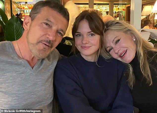 It's Melanie Griffith, daughter of Birds alum Tippi Hedren, and she'll reunite with her third ex-husband Antonio Banderas (L, pictured in 2023) in Spain next month to attend their daughter Stella's (M) 'intimate' wedding to Alex Gruszynski