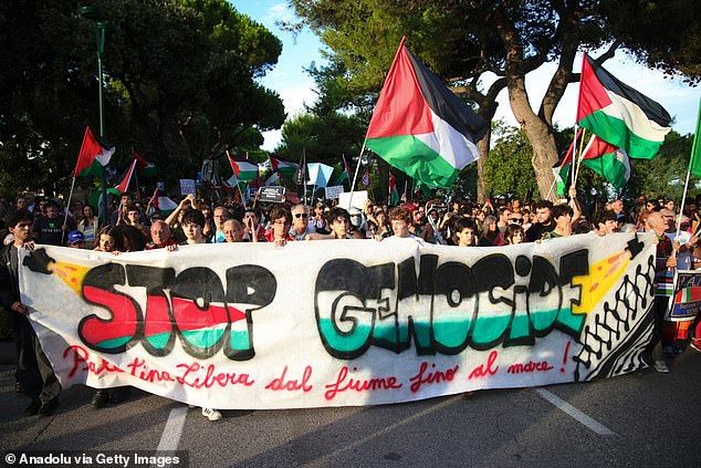 Free Palestine protesters took to the streets at the 82nd Venice Film Festival in August