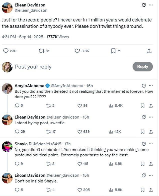 'Never ever in 1 million years would I celebrate the assassination of anybody ever. Please don't twist things around,' she told her 275,200 followers