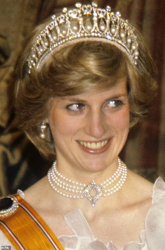 The necklace was also loaned to Diana, Princess of Wales (pictured hereat a banquet for the British royal family given by Queen Beatrix and Prince Claus of the Netherlands in 1982)