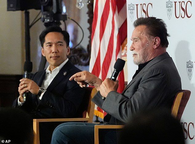 ArnoldSchwarzenegger, 78, (pictured at speaking at the University of Southern California on Monday) has warned that America could soon become a place where there is 'no democracy' as the divide between Democrats and the Republicans strengthens