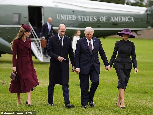 The Princess of Wales (far left) joined the Prince of Wales in welcoming Donald and Melania Trump to Windsor Castle this morning