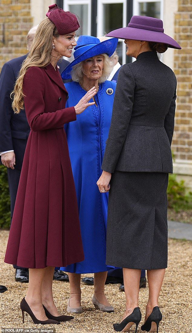 Both women opted for tried and tested silhouettes theyve worn many times before. Pictured: Kate Middleton, Queen Camilla and Melania Trump