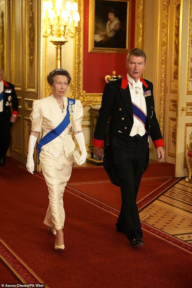 Princess Anne and Vice Admiral Sir Tim Laurence arrive for the state banquet at Windsor Castle