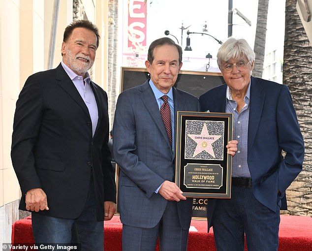 The 78-year-old actor was a guest speaker at journalist Chris Wallace's (center) Hollywood Walk of Fame star ceremony, where he referenced his former spouse, 69; pictured with Jay Leno (R)