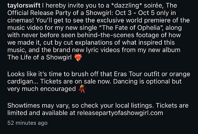 'I hereby invite you to a *dazzling* soire, The Official Release Party of a Showgirl: Oct 3 - Oct 5 only in cinemas!' she shared via an Instagram post on Friday
