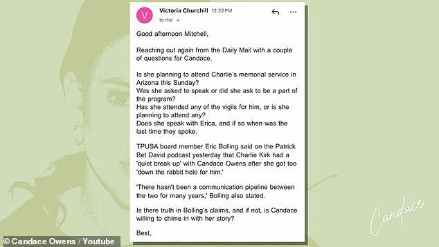 Questions Daily Mail sent to Candace Owens's PR contact Mitchell, which she addressed live on air