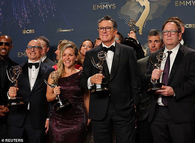 On Sunday, the 77th Primetime Emmy Awards took place at the Peacock Theater in Los Angeles, California (pictured: Stephen Colbert and team at Emmy's)