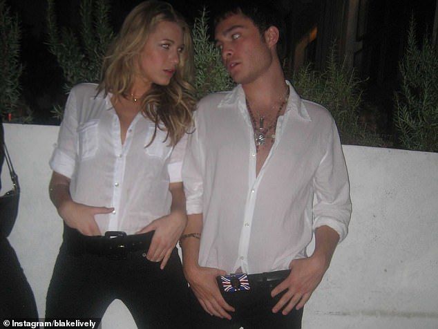 Lively was also seen in a playful photo alongside Ed Westwick, 38, matching in crisp white button-downs