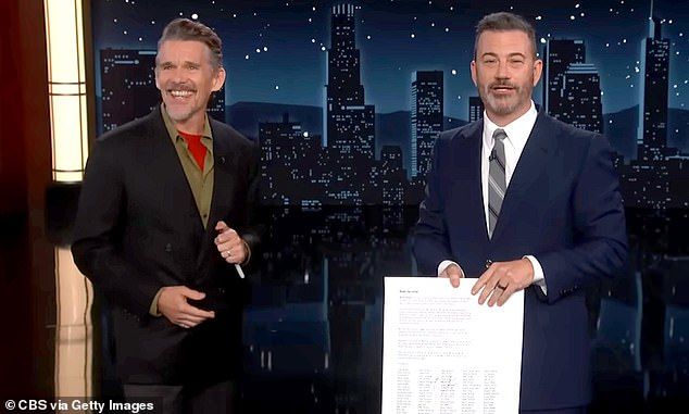 Ethan Hawke, 54, crashed Jimmy Kimmel's opening monologue on Wednesday, as the host, 57, returned to air following his controversial week-long suspension