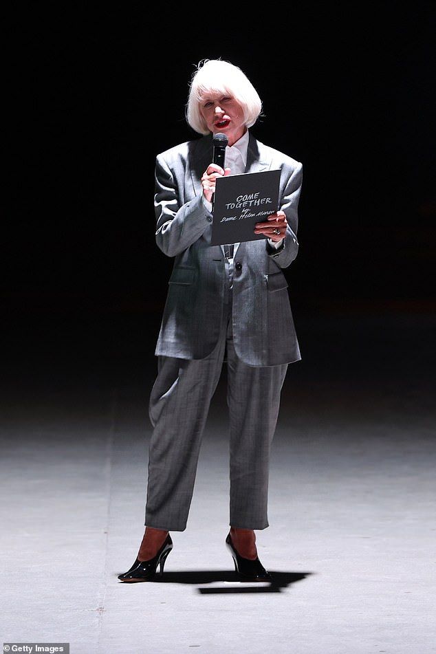 As one of the guests of honour at the show, Helen took to the runway to speak at the show, which was based around theme of The Beatles hit Come Together