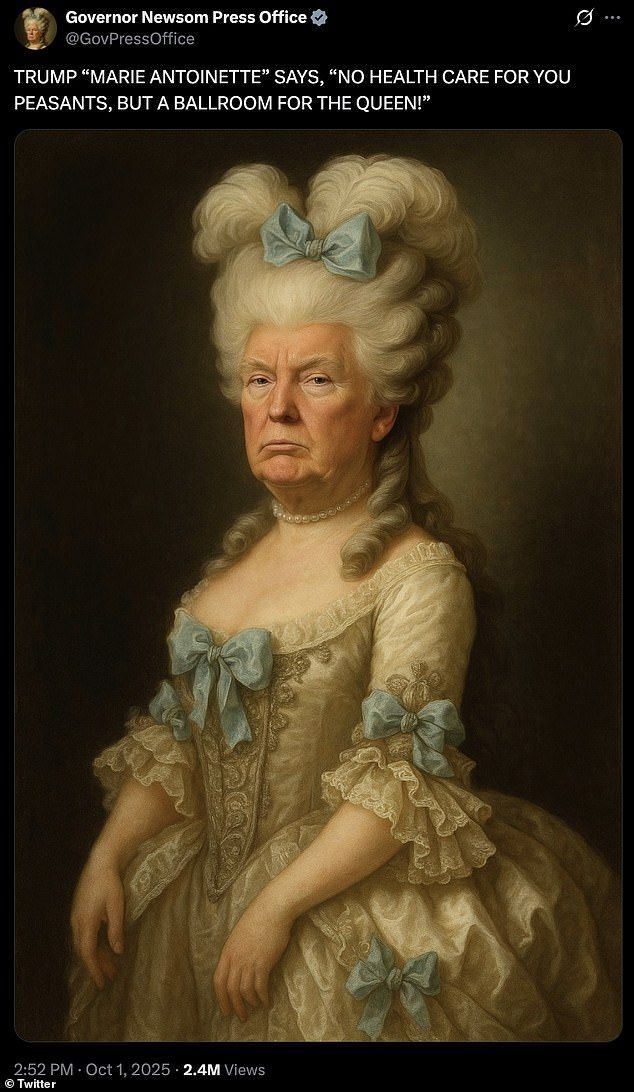 Pictured, a recent, AI-altered post from Newsom that panned the president. The two have been at odds for months