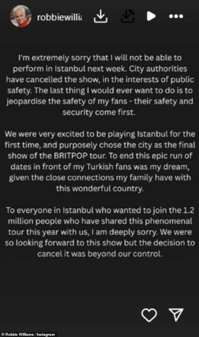 The former Take That frontman revealed: 'City authorities have cancelled the show, in the interests of public safety'