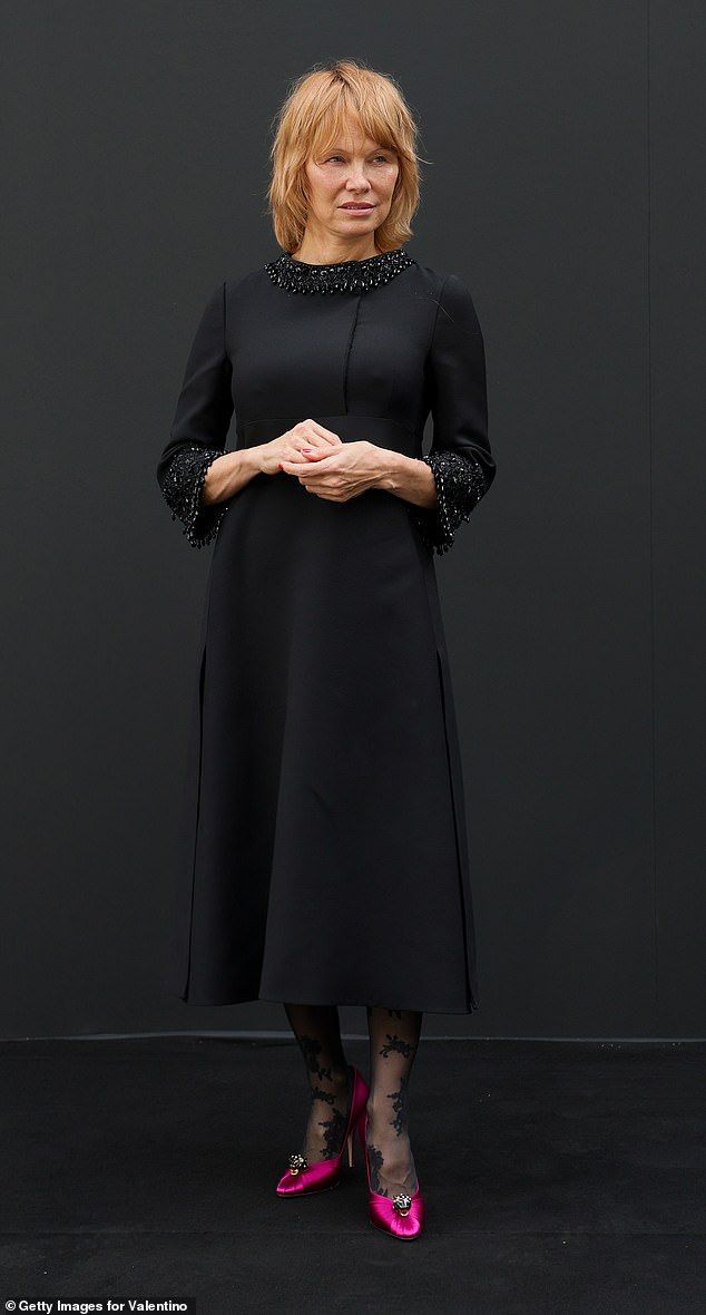 Pamela Anderson showed off her new short strawberry blonde locks as she lead the stars at the Valentino show in Paris on Sunday