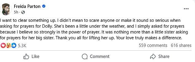 Freida has also shared an update on Facebook as she penned: 'I didn't mean to scare anyone or make it sound so serious'