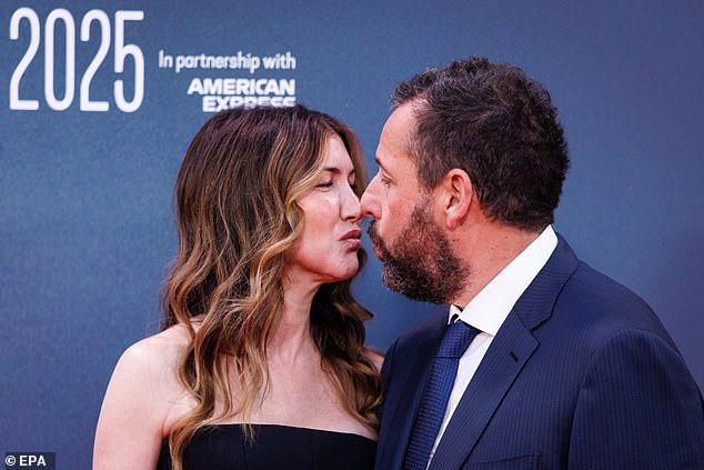 Adam Sandler got caught in an awkward kiss with his longtime wife Jackie Sandler while attending the London premiere of his film Jay Kelly