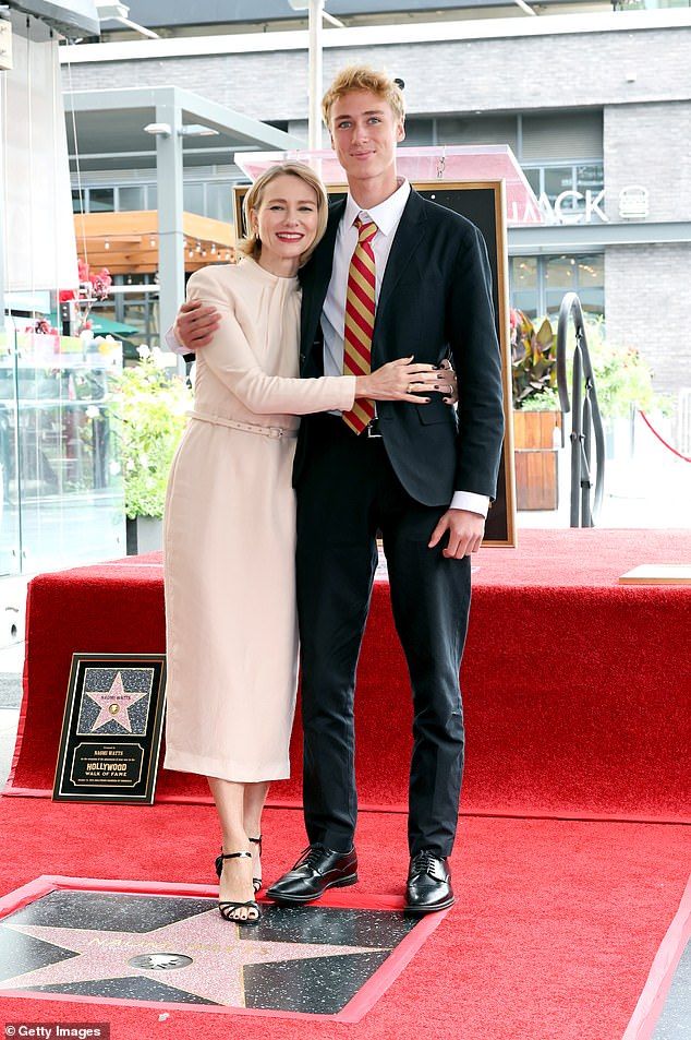 The Australian actress looked breathtaking on Monday when she was immortalised for her contributions to film (Pictured: Naomi Watts and her son Sasha Schreiber)