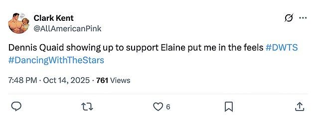 Many fans also took to social media to gush over Quaid showing up to support his co-stars. 'Dennis Quaid showing up to support Elaine put me in the feels,' one X user tweeted