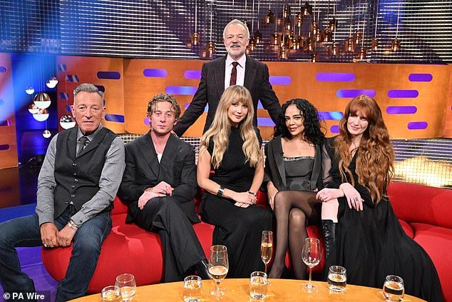 The Graham Norton Show BBC One and iPlayer Friday 17th October 10.40pm (L-R)Bruce Springsteen, Jeremy Allen White, Jennifer Lawrence, Tessa Thompson and Florence Welch
