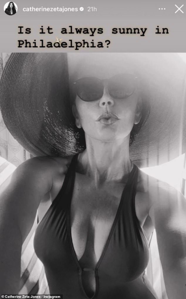 Catherine Zeta Jones put on a sizzling display in a plunging halterneck swimsuit as she shared a black and white selfie on Instagram