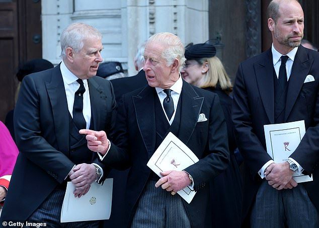The Royal Family is bracing for more days of pain ahead over the Prince Andrew scandal. Pictured: Andrew, King Charles and Prince William atthe funeral of the Duchess of Kent at Westminster Cathedral on September 16