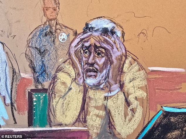 However, Diddy was reportedly consumed by tears and clutched his head in his hands during emotional testimony during his sentencing hearing; pictured in a sketch from October 3