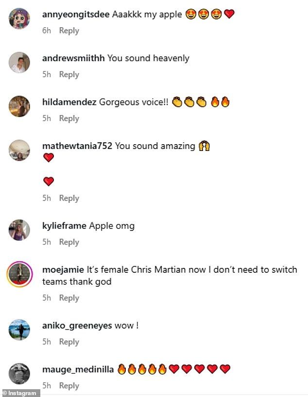 In contrast, more vetted comments on her own Instagram, which was also shared by Jade Street, read: 'Gorgeous voice!!... You sound heavenly... You sound amazing... Its female Chris Martian now I dont need to switch teams thank god'